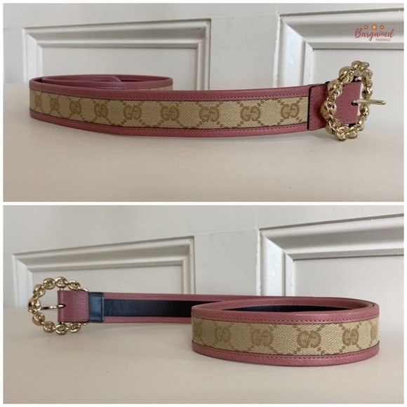 Authentic Gucci Pink Monogram Canvas Leather Gold Chain Buckle Belt Size 80/32 - Picture 10 of 14